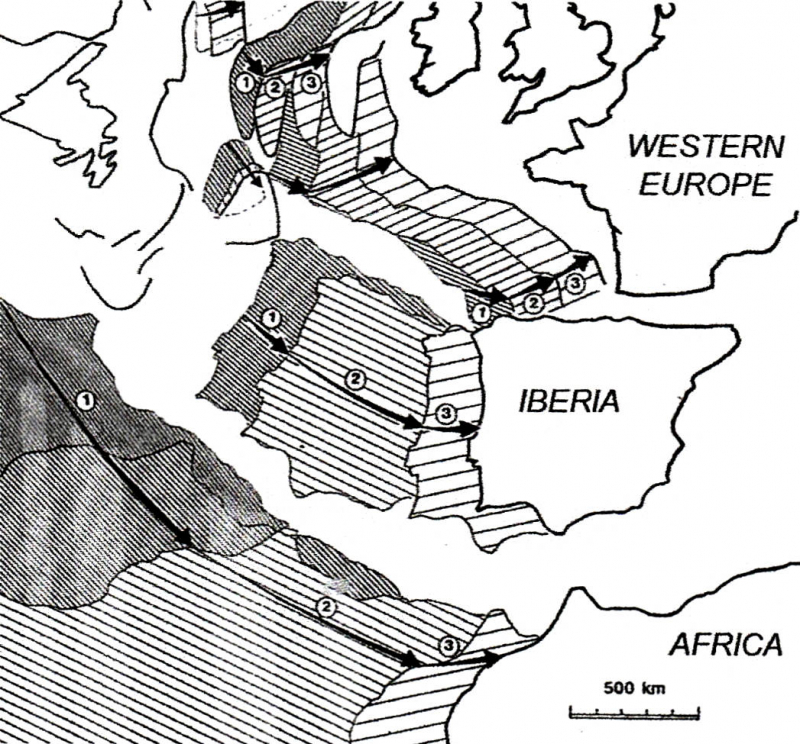 Fig. 2. La rotation anti-horaire de l’Afrique et de l’Ibérie d’après Olivet (1996).Fig. 2. Anticlockwise rotation of Africa and Iberia after Olivet (1996).