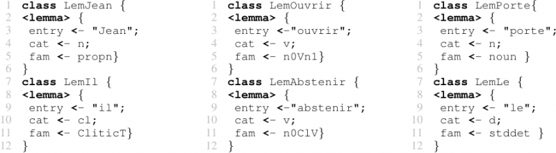Listing 3. Extract of the FrenchTAG lexicon with 6 lemmas.