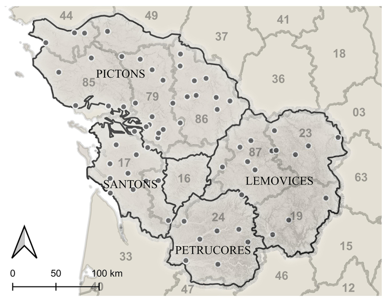 Figure 1 : Les civitates entourant la civitas d’Angoulême et leurs sites d’habitat groupé sur fond des départements actuels.