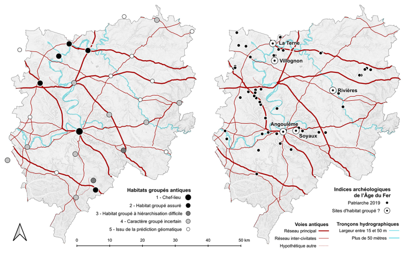 Figure 13 : Confrontation du corpus d’habitats groupés antiques à gauche avec les sites archéologiques de l’Âge du Fer à droite.