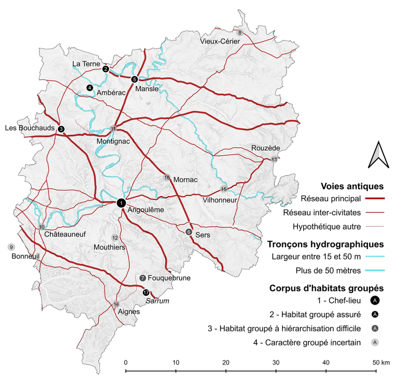 Figure 2 : Les sites d’habitat groupé concernés par ce travail, le réseau viaire antique (d’après Piveteau, 1954) et le réseau hydrographique (largeur de chenal > 15 m, données BDTOPO, IGN).
