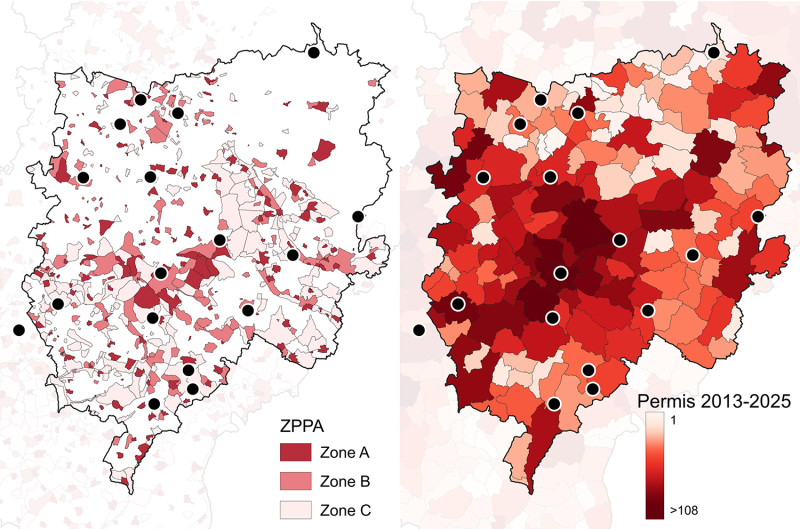 Figure 3 : Les zones de présomption de prescription archéologique (ZPPA, données Ministère de la Culture) à gauche et le nombre cumulé par commune des permis de construire, de démolir et d’urbanisme demandés entre 2013 et octobre 2025 inclus (données SDES).