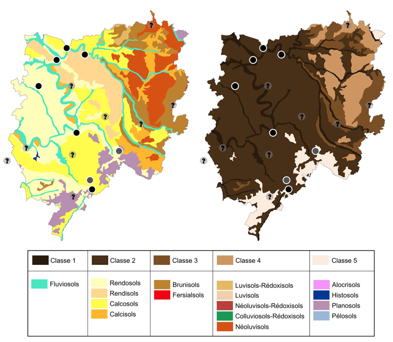 Figure 9 : Pédologie de la zone d’étude : les sols par types à gauche et la classification de leur potentiel agricole à droite, du plus haut potentiel (classe 1) au plus bas (classe 5).